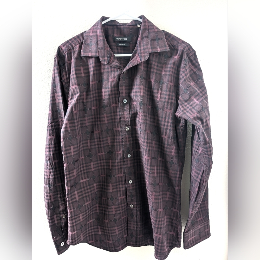 Bugatchi Merlot Point Collar Shaped Fit Maroon‎ Dress Shirt Medium Long Sleeve